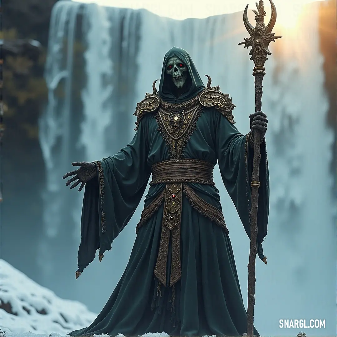 A mysterious ghostly sorcerer with a glowing staff stands in front of a majestic waterfall, his presence commanding the forces of nature. A ghostly sorcerer stands tall with a glowing staff, surrounded by the mist and power of a rushing waterfall. His eerie presence echoes through the scene, as the water crashes against the rocks beneath him, creating an aura of mystic energy.