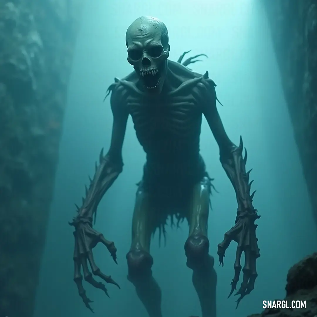 A ghoul with outstretched arms stands within a shadowy cave, its wide-open eyes creating an unnerving sense of life amid the encroaching darkness. A ghastly ghoul stands hauntingly still within a shadowy cave, with its hands outstretched and eyes wide open, creating an otherworldly presence that commands attention.