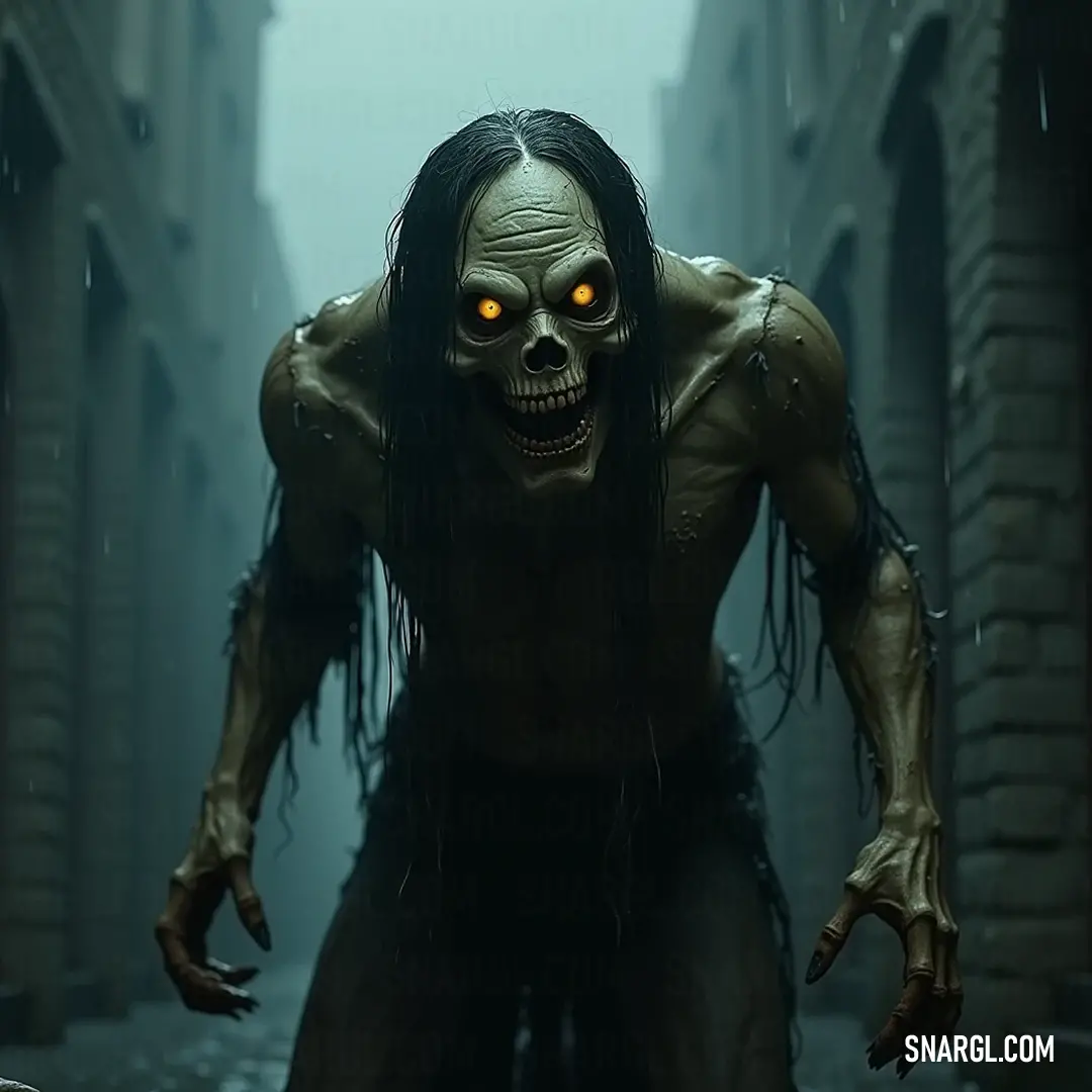 A ghoul with long hair and haunting yellow eyes lurks in a gloomy alley, its unsettling expression and shadowy environment creating an atmosphere filled with suspense. In a dimly lit alleyway, a creepy ghoul sporting long hair and fierce yellow eyes reflects an unsettling yet fascinating gaze, complementing its eerie surroundings with an air of dread.