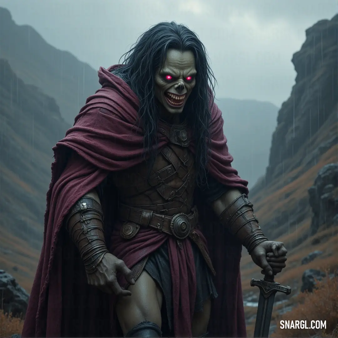 The Ghoul King, with his glowing red eye and sword in hand, stands in the heart of a barren mountain range. His eerie presence commands the land, where spirits and shadows linger. A Ghoul King, adorned in dark robes and holding a sword, stands tall in a desolate mountainous area. His glowing red eye pierces the gloom, while the haunting landscape around him echoes with the whispers of ancient souls.