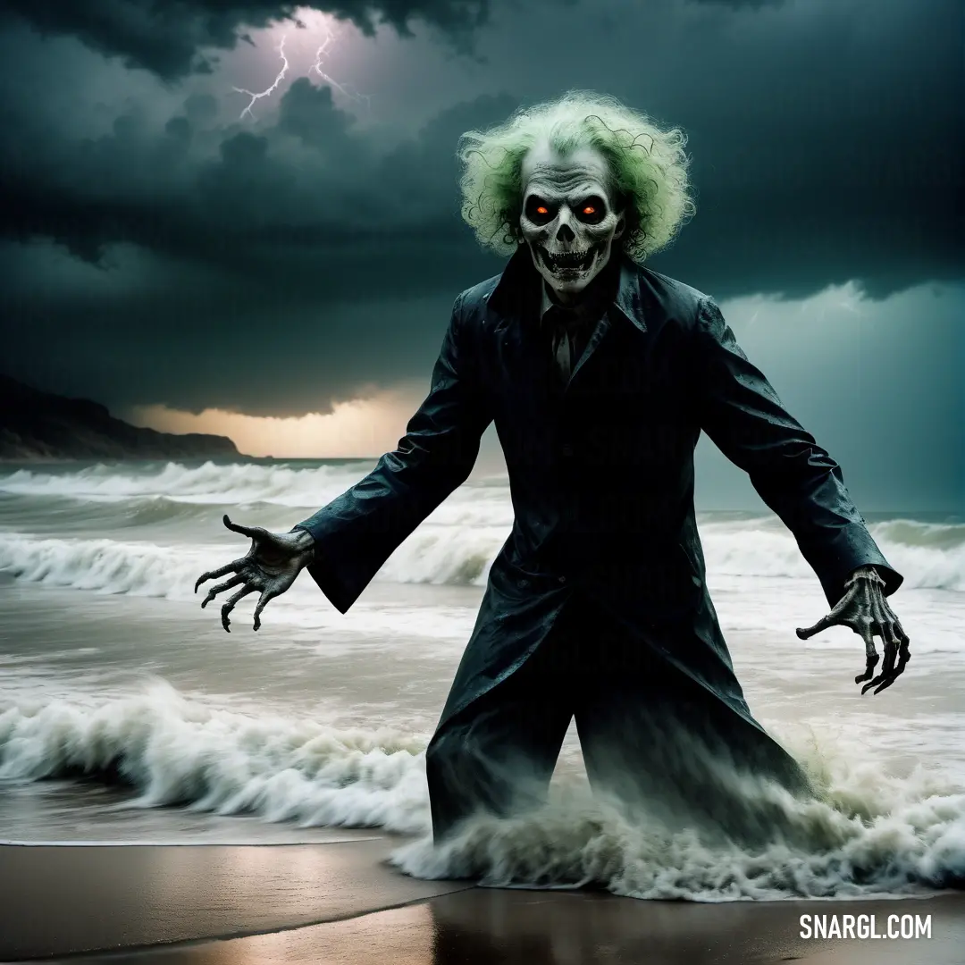 Creepy Ghoul standing in the water on a beach with a lightning in the background