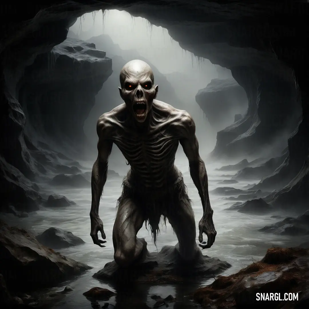 Creepy Ghoul with a large head and a body of flesh in a cave with rocks and water in the foreground