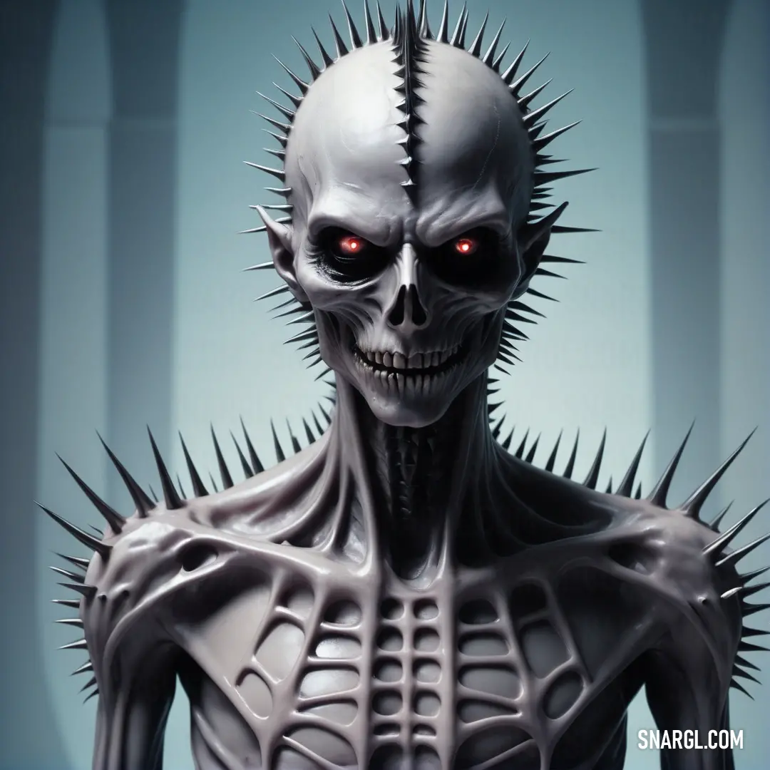 Creepy looking skeleton with spikes on its head and chest