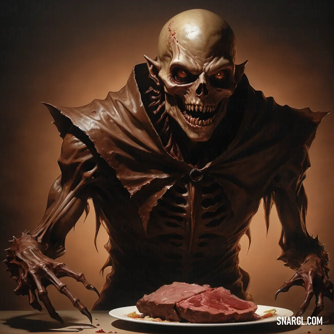 Creepy looking Ghoul with a knife and fork in front of a plate of meat