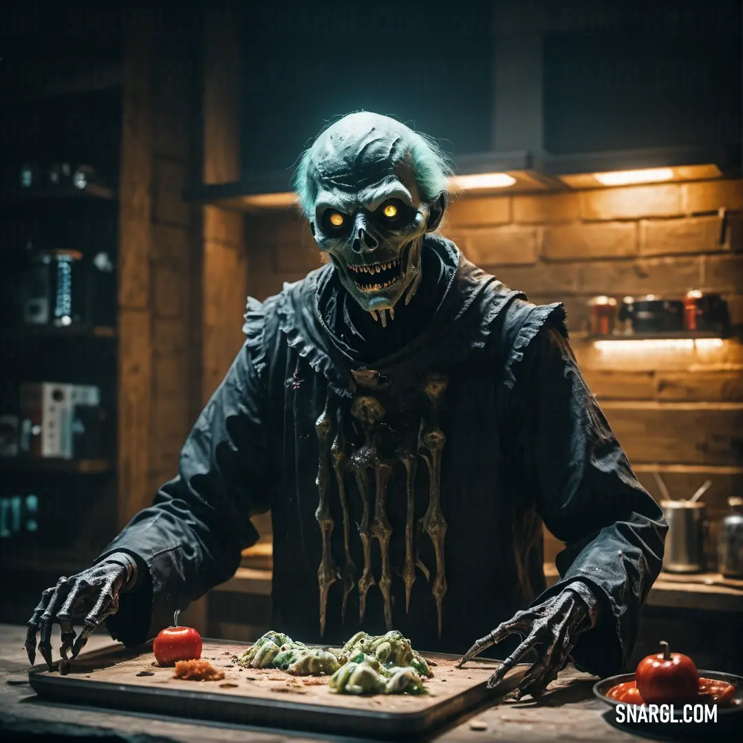 Creepy male Ghoul in a kitchen preparing food on a cutting board with a knife and fork in his hand