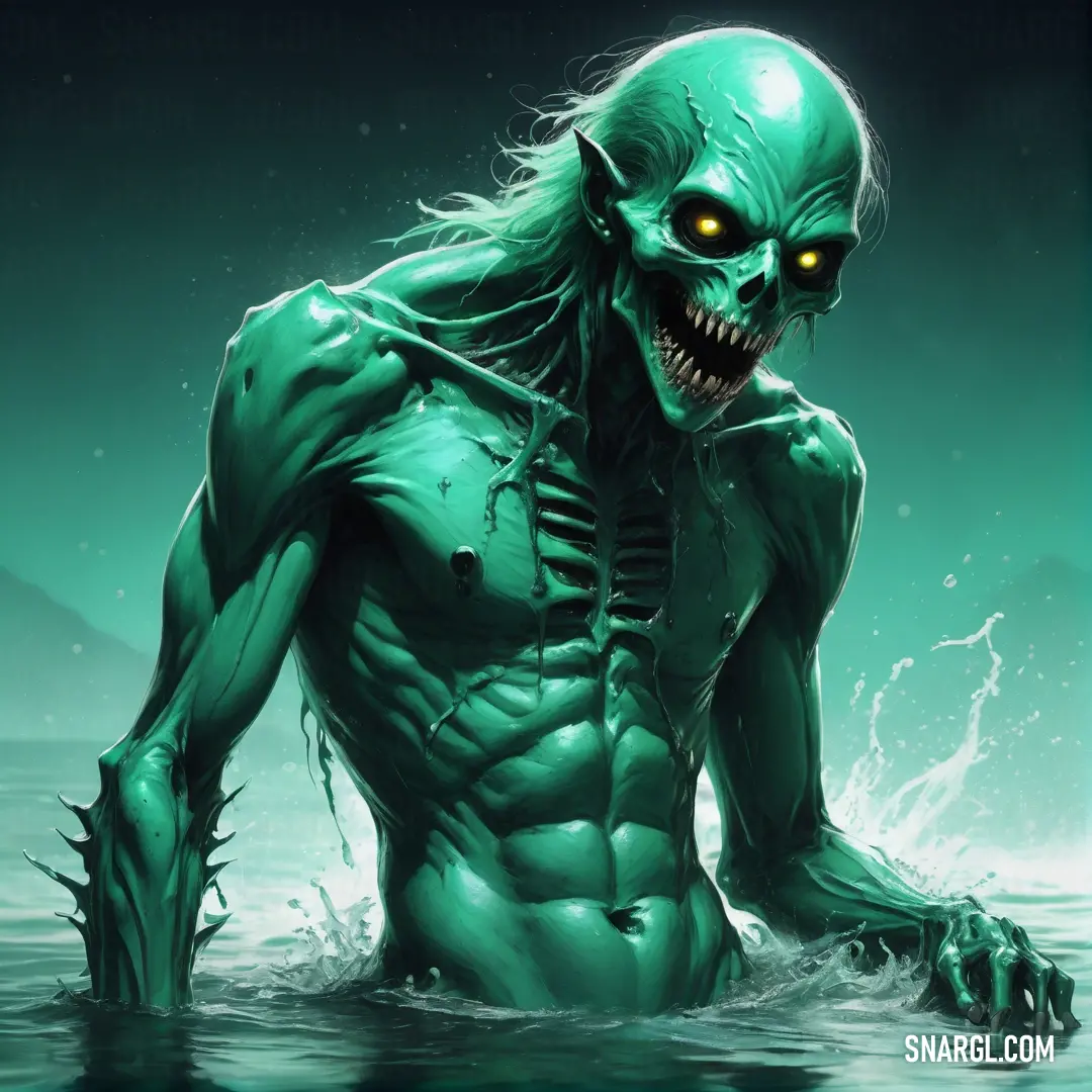 Green Ghoul with glowing eyes and a creepy face in the water with a green background