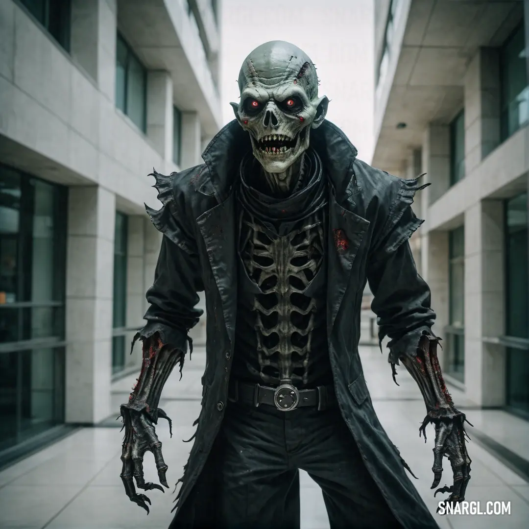 Man dressed in a Ghoul costume standing in a hallway with a building in the background