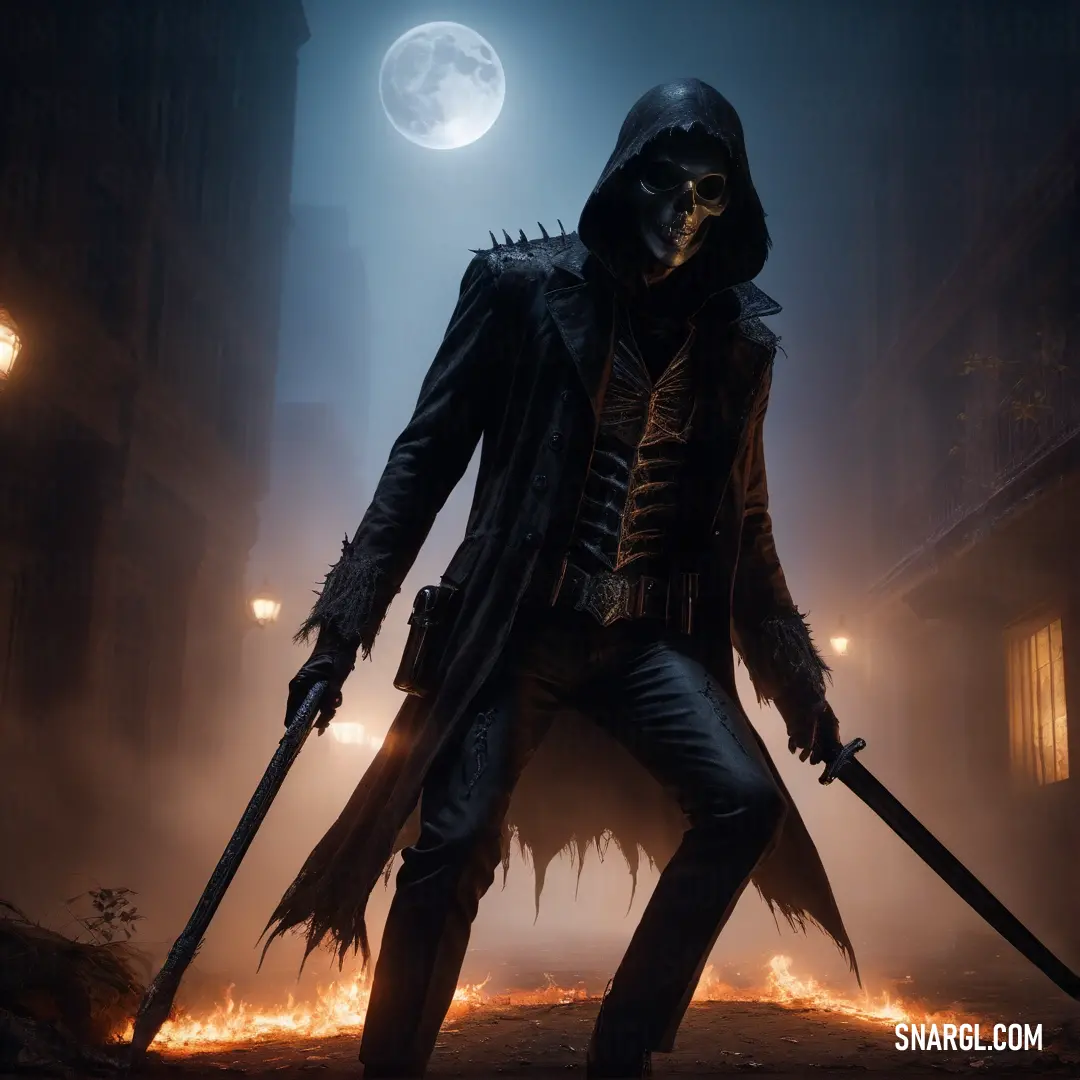 Ghoul in a black outfit holding two swords in a dark alley with a full moon in the background