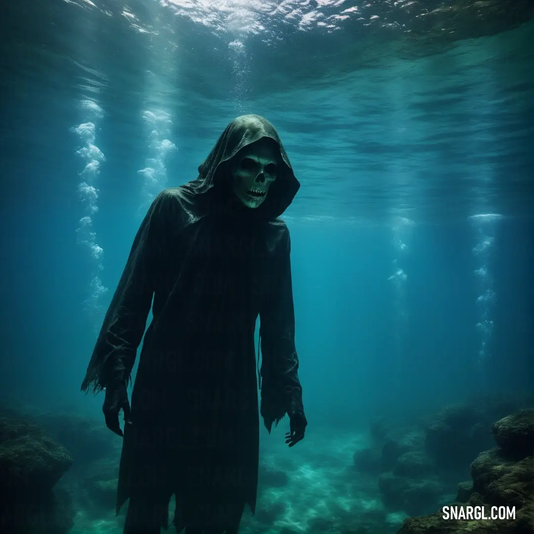 Ghoul in a hooded costume standing under water in a pool of water with a skull on his head