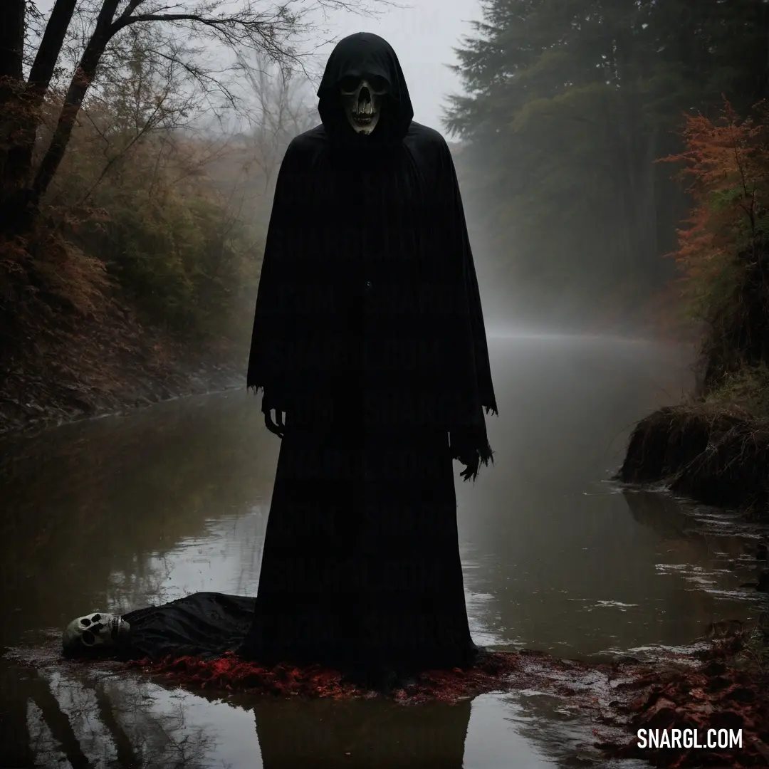 Ghoul in a black robe and a mask standing in a river in the fog with trees in the background