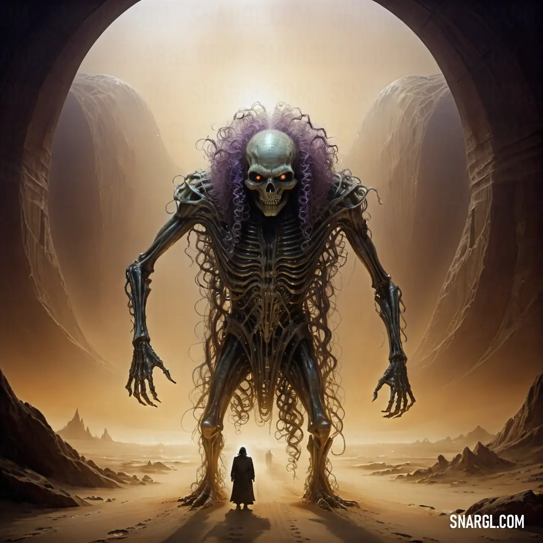 Skeleton with long hair standing in a cave with a Ghoul standing in front of it