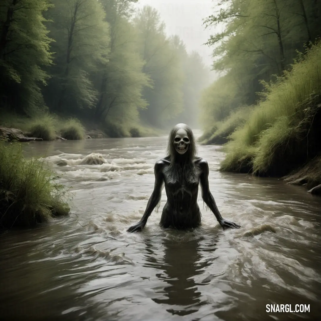 Ghoul in a body of water with her hands in her pockets and her face painted like a demon
