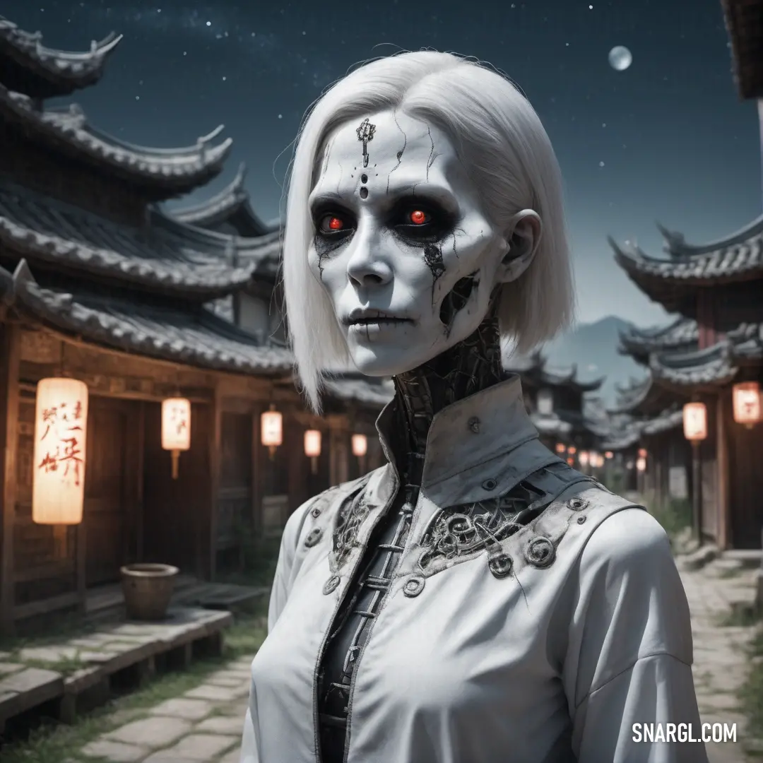 Ghoul with white hair and makeup is standing in front of a building with lanterns