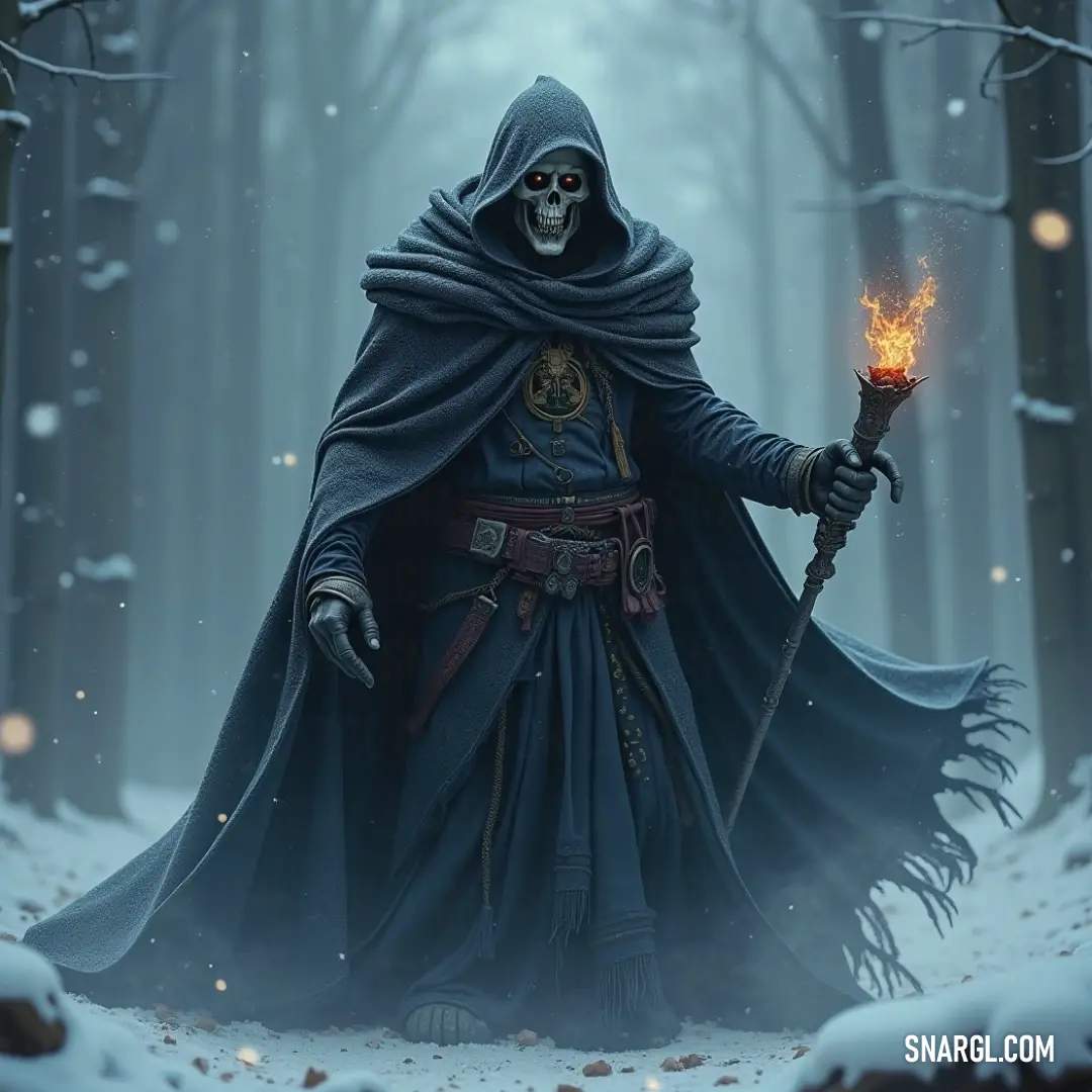 A lone, hooded figure holding a fire stick illuminates the serene, snow-dusted forest. The quiet of the winter landscape contrasts with the glow of warmth he carries. A mysterious figure cloaked in a dark hooded robe stands in a quiet, snowy forest. He grips a glowing fire stick, casting warm light across the frosty landscape, while towering trees and snow-covered ground stretch into the distance.