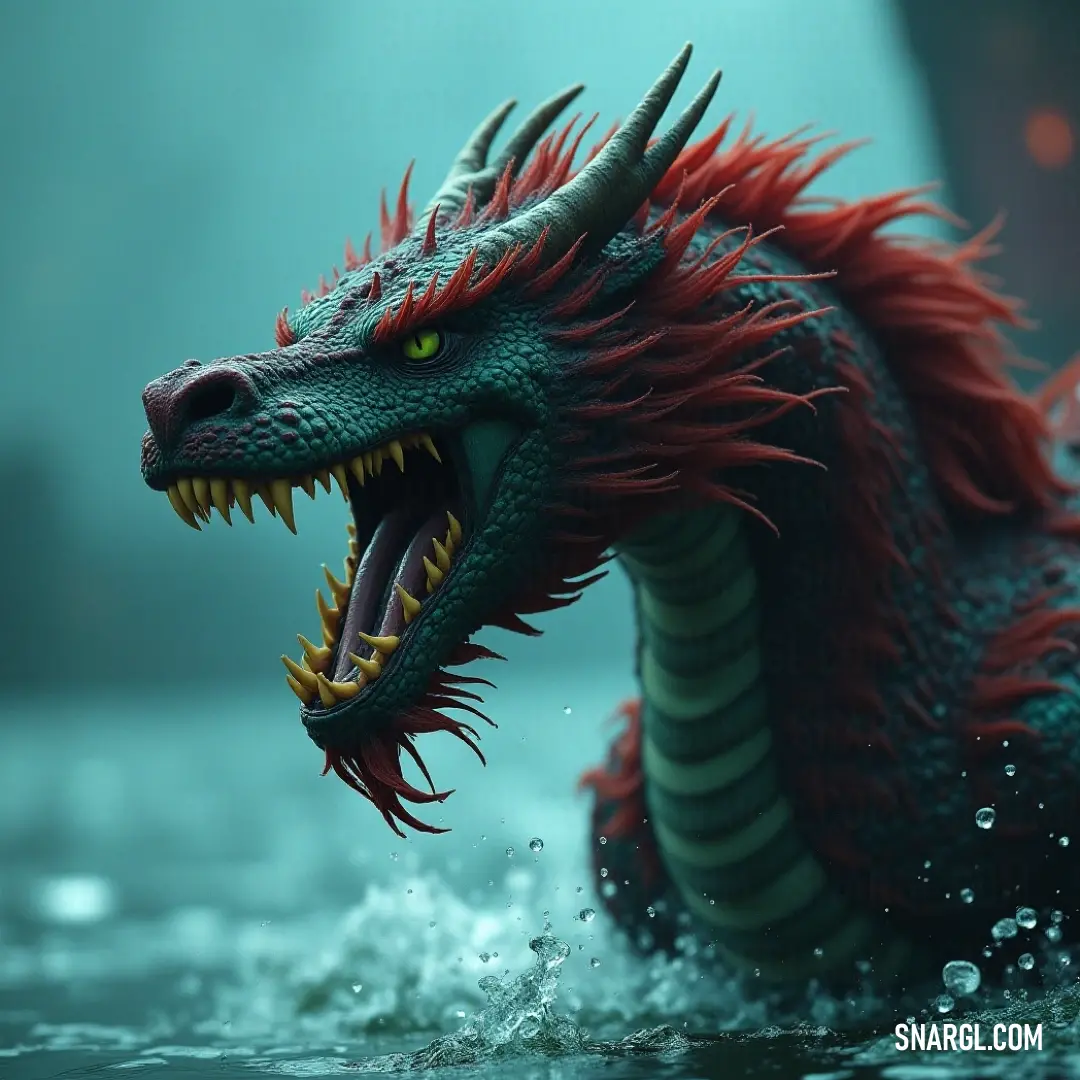 A colossal Giant Eel statue emerges powerfully from the water, its mouth wide open as if ready to unleash its mythical roar, while its glittering teeth catch the sunlight, showcasing an awe-inspiring sight for admirers nearby.
