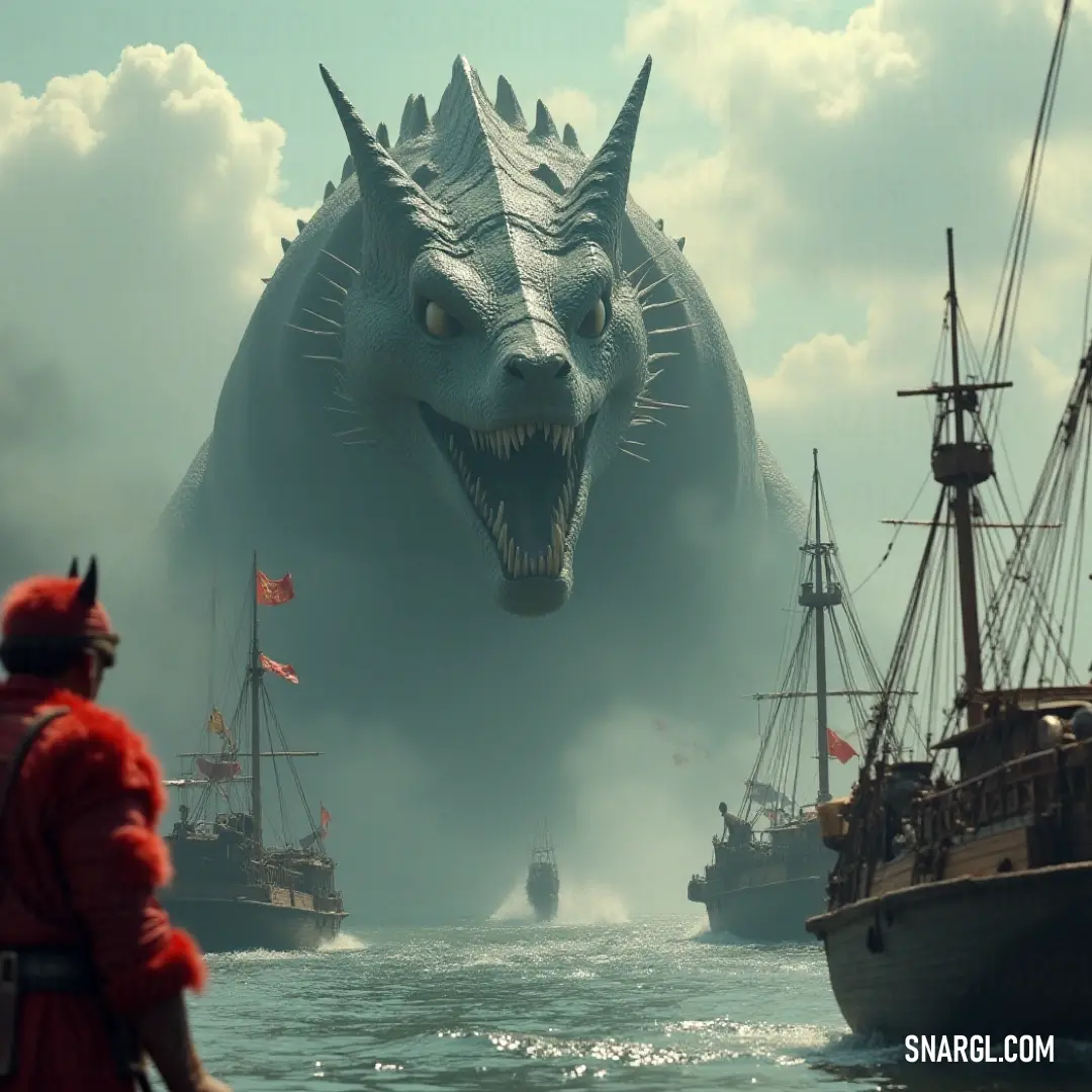A Giant Eel swims in the sea, with distant ships sailing by, creating a powerful and mysterious scene on the open water. A colossal Giant Eel glides through the sea, its massive body slicing through the water as ships sail in the distance. The dark waters and looming eel create a striking contrast, evoking a sense of scale and mystery in the ocean.