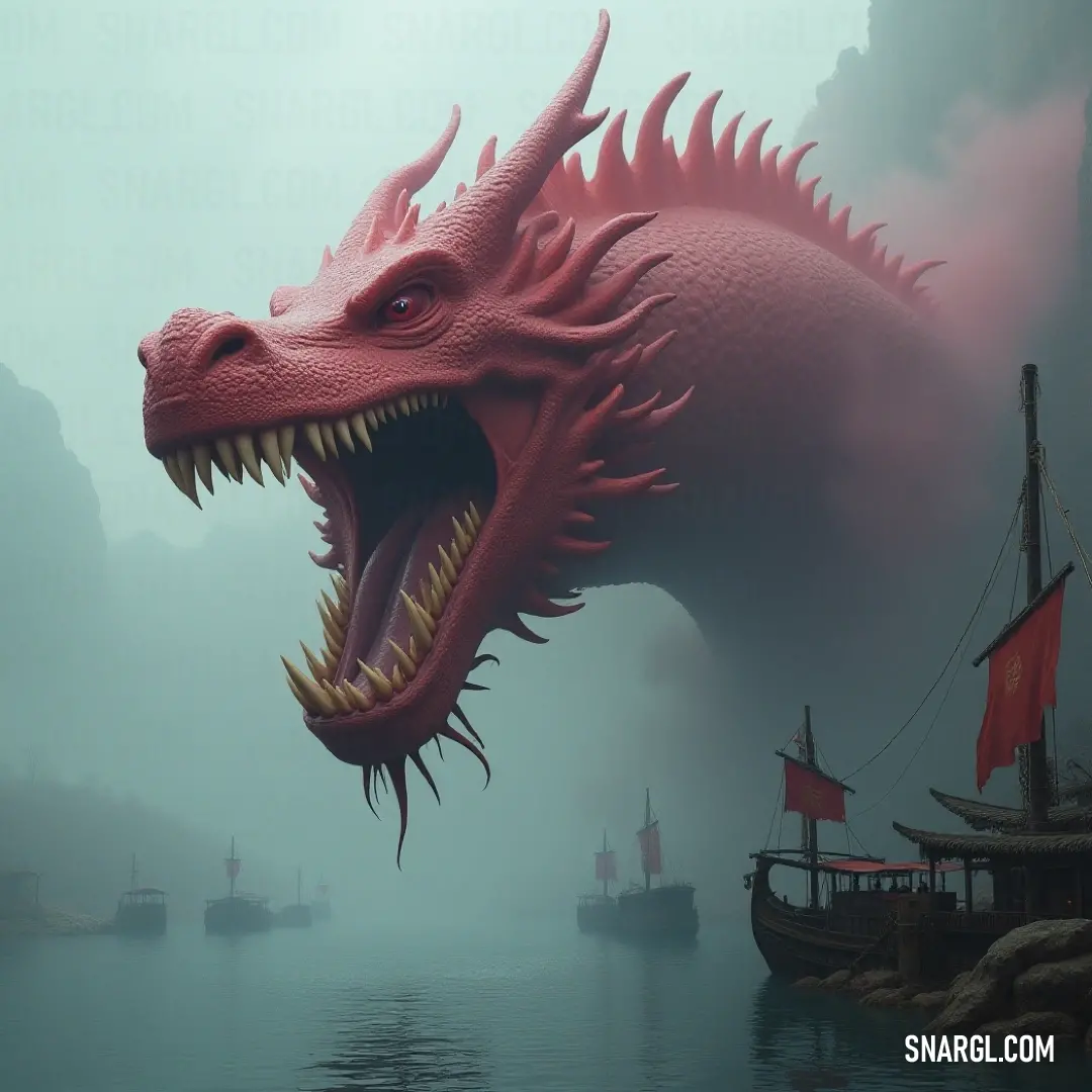 A breathtaking view of a Red Giant Eel in motion, captured near a boat afloat in the still waters, enveloped by an atmosphere of mystery under a fog-laden sky. A majestic Red Giant Eel gracefully displaying its wide-open mouth, creating an intense moment near a boat drifting in tranquil waters under a misty sky that sets an ethereal tone.
