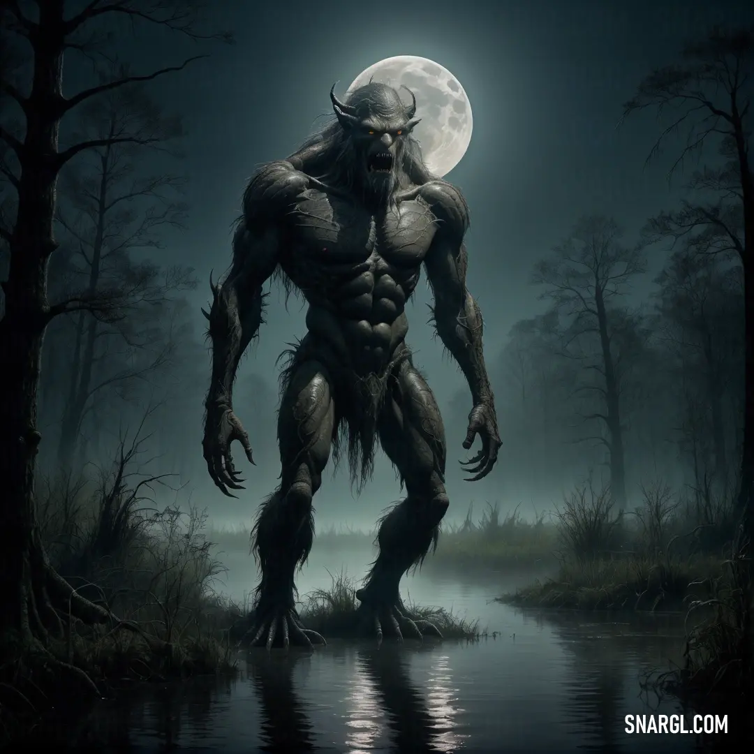 Giant monster standing in the middle of a swamp at night with a full moon in the background and a body of water in the foreground