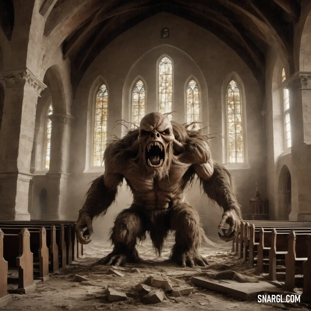 Giant yet standing in a church with a big mouth and huge teeth on his face and hands