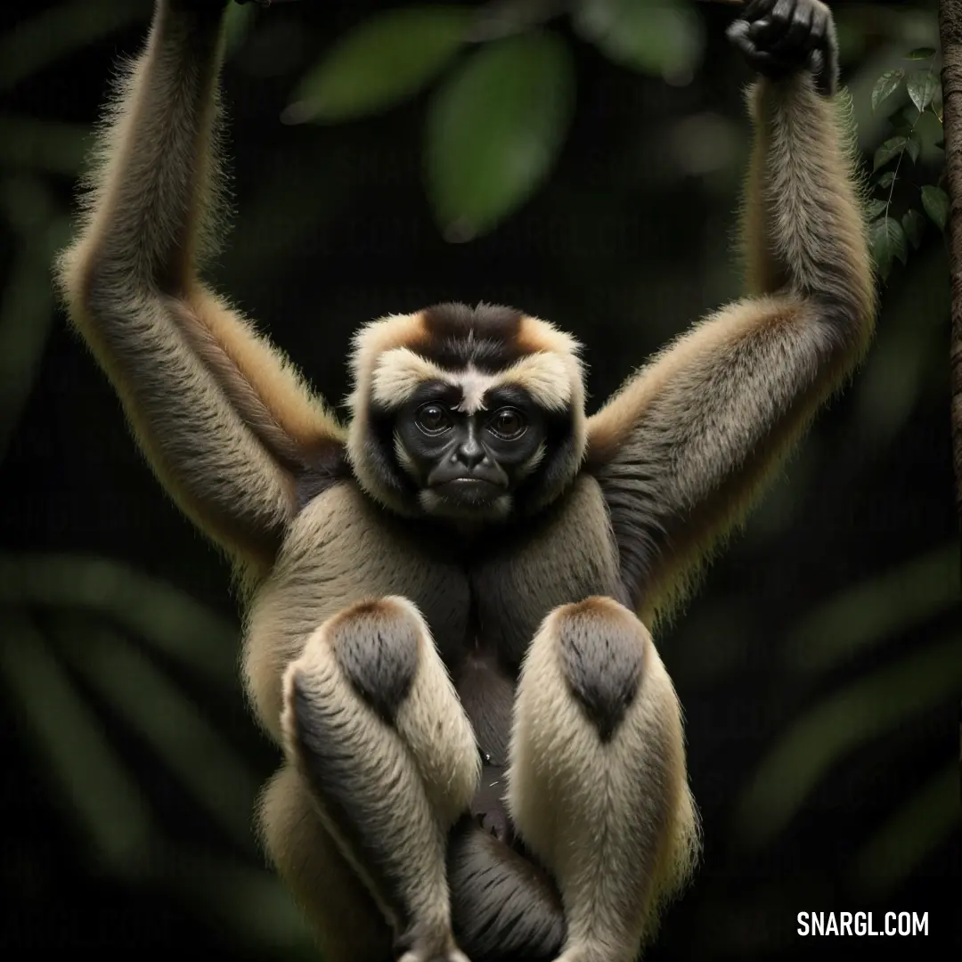 Monkey hanging upside down in a tree with its arms up
