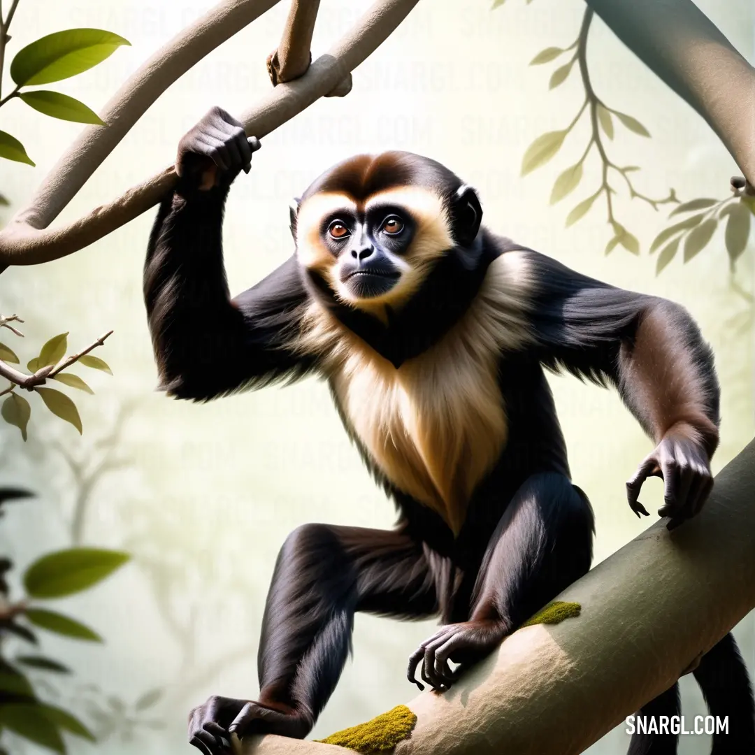 Monkey is on a tree branch and holding onto a branch with its hands and a branch with leaves