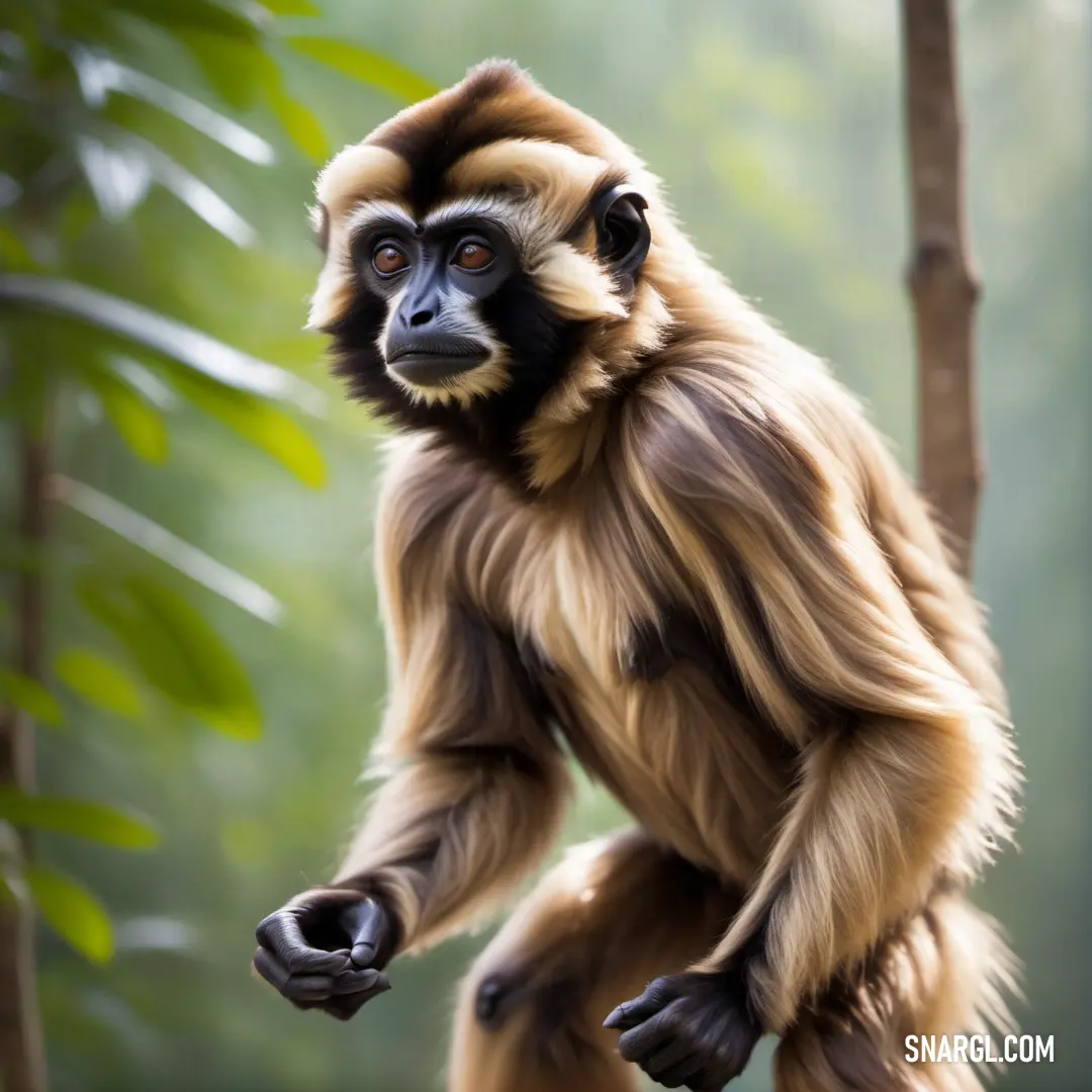 Monkey is standing on a tree branch and looking at the camera with a blurry background