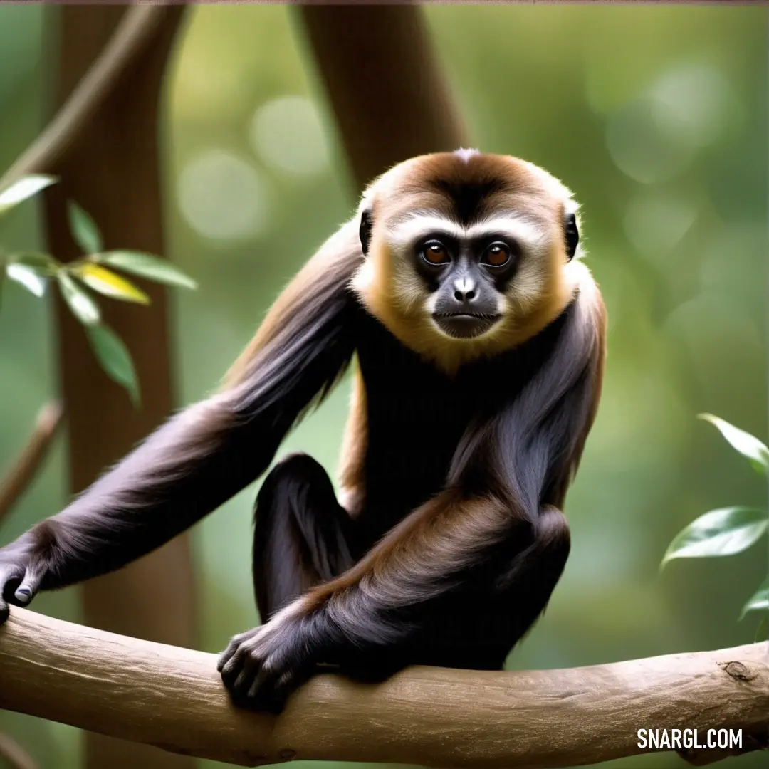 Monkey on a branch in a tree looking at the camera with a blurry background