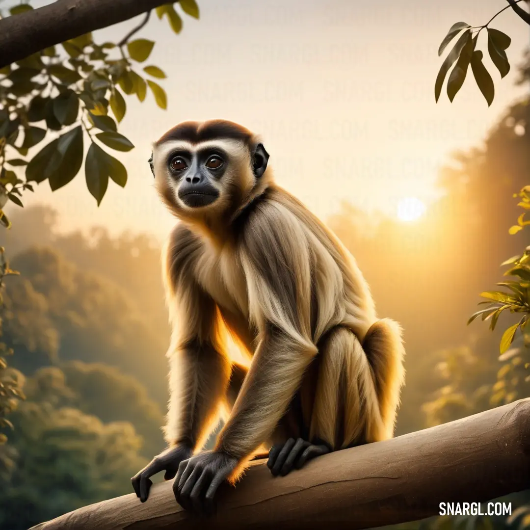 Monkey on a tree branch in the jungle at sunset with the sun shining through the trees behind it