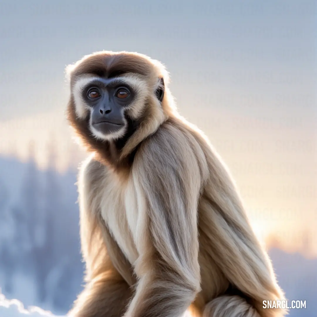 Monkey with a long coat standing on a rock in the snow with trees in the background