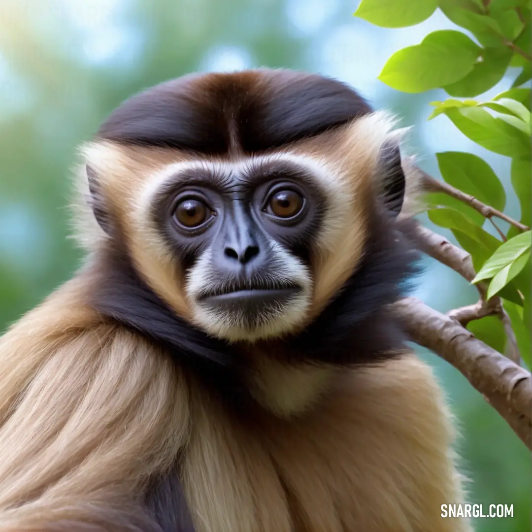 Monkey with a long tail on a tree branch with leaves in the background