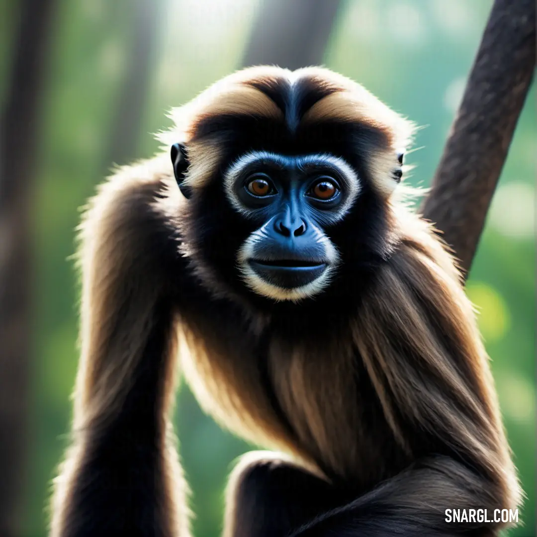 Monkey with a long tail on a tree branch in the forest looking at the camera with a serious look on its face