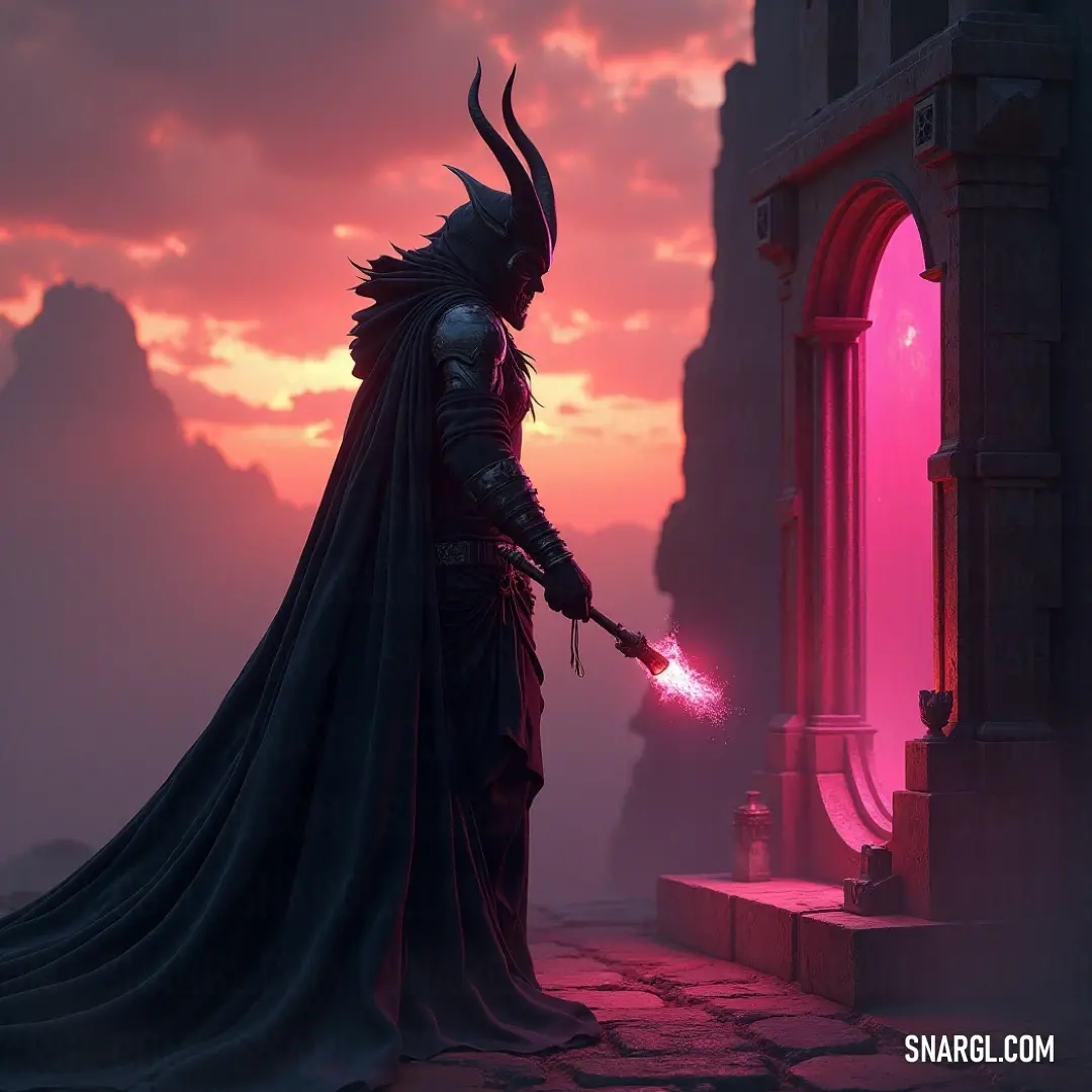 A shadowy figure in a black robe, wielding a radiant pink light, hinting at hidden powers. A mysterious figure cloaked in dark robes holds a pulsating pink light in his hand, casting an ethereal glow around him. The contrast between the robe and the vibrant light creates a captivating visual, hinting at hidden powers and arcane secrets.