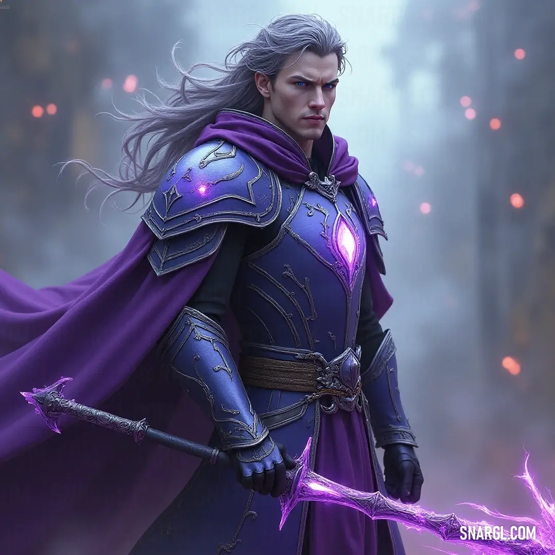 A valiant guardian adorned in purple, holding a sword with unwavering resolve, embodying courage and grace against an enchanting backdrop. Draped in a regal purple ensemble, a courageous warrior stands steadfast, sword in hand, with a majestic purple cloak billowing softly around him, capturing the essence of nobility and valor against a backdrop suggesting adventure and intrigue.