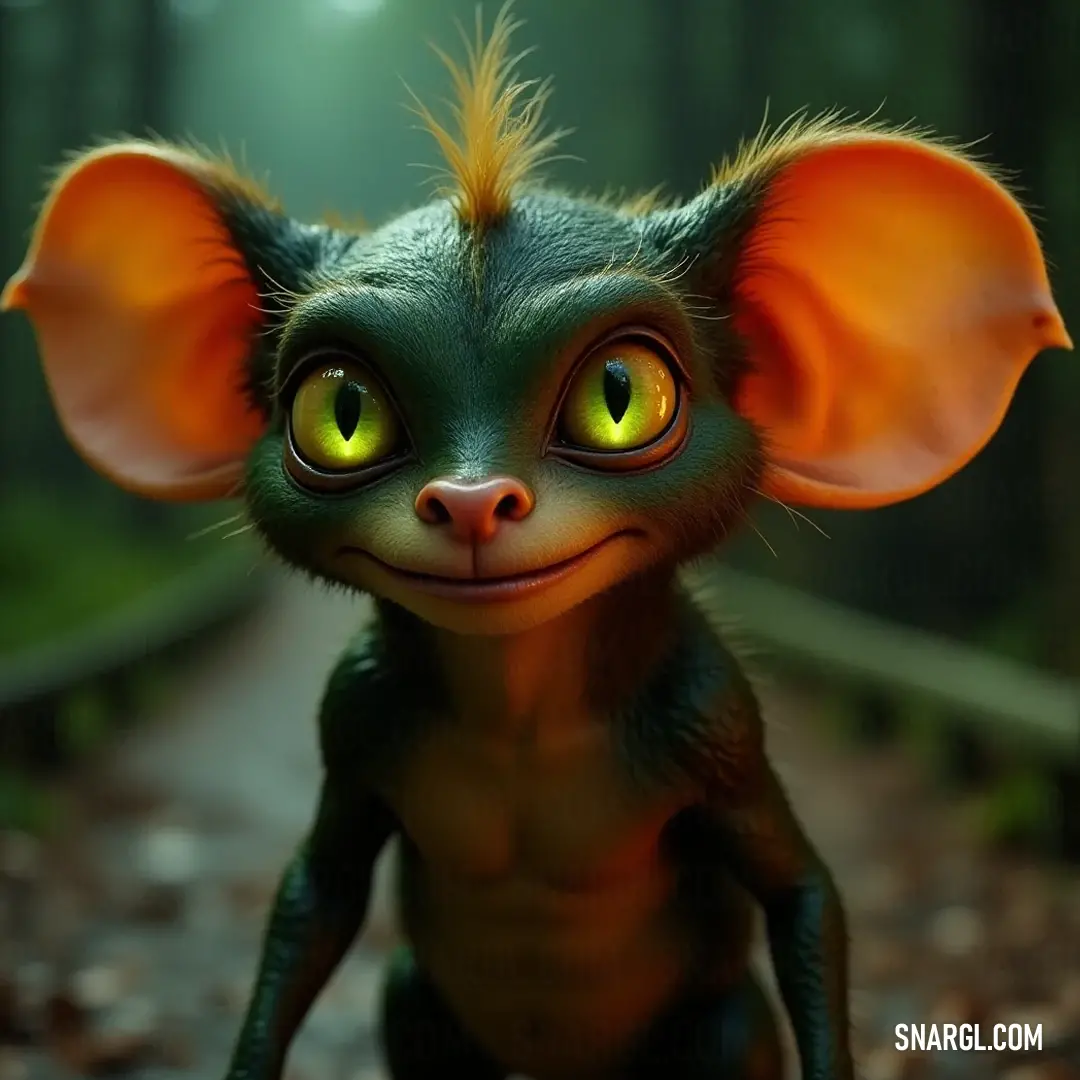 A whimsical green and orange Gidget with oversized ears and glowing eyes, radiating a playful charm against a colorful backdrop. A vibrant green and orange Gidget character with oversized ears and vibrant glowing eyes stands playfully, exuding a whimsical energy amidst a colorful backdrop. Its enchanting aura invites curiosity and wonder from anyone who gazes upon it.