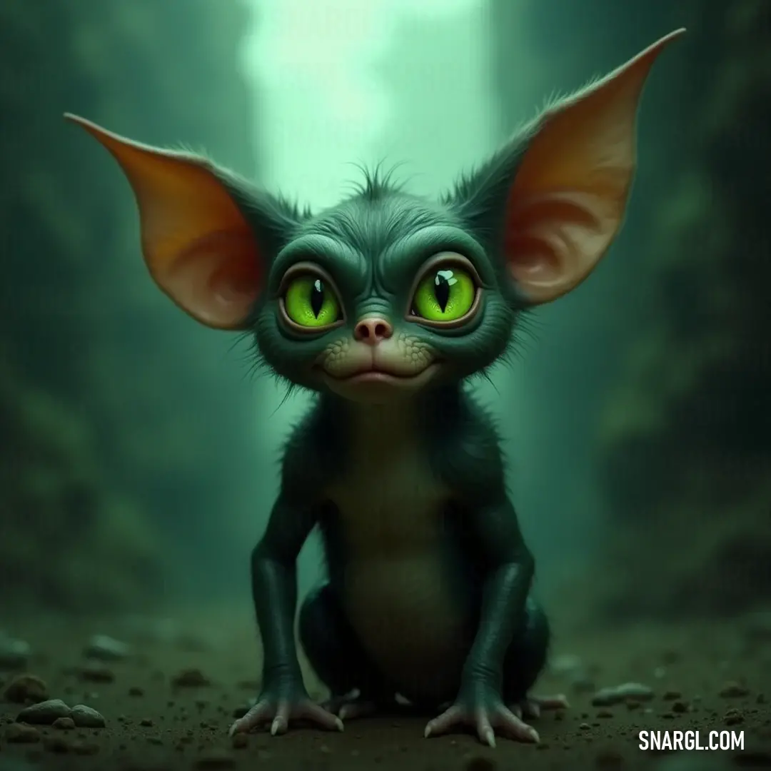A graceful Gidget with luminous green eyes rests on the earthy forest floor, bathed in a gentle, mystical green light. The surrounding foliage creates a serene atmosphere, giving this enchanting creature a sense of belonging in its natural habitat.