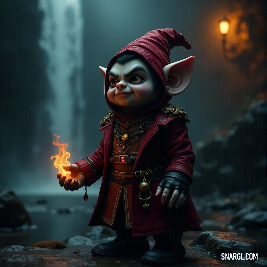 A small but determined Giggs, wearing a red coat and hat, holds a fireball in his hand. Behind him, a majestic waterfall cascades down, the mist creating a mystical atmosphere around him as he prepares for an adventure.