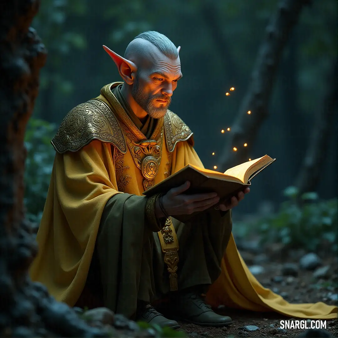 Gildor Inglorion dressed in a yellow outfit reading a book in the woods with a light shining on his face