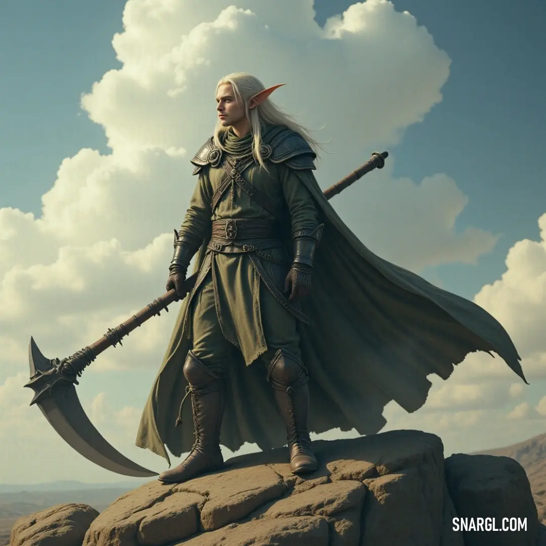 Standing triumphantly on a rock formation, a bold figure in green clutches a large sword, embodying determination and courage against the expansive sky, ready to conquer any challenge. Perched atop a rocky outcrop, a fierce figure clad in green proudly holds a large sword, the vast sky stretching behind, symbolizing both strength and freedom in the boundless horizon.