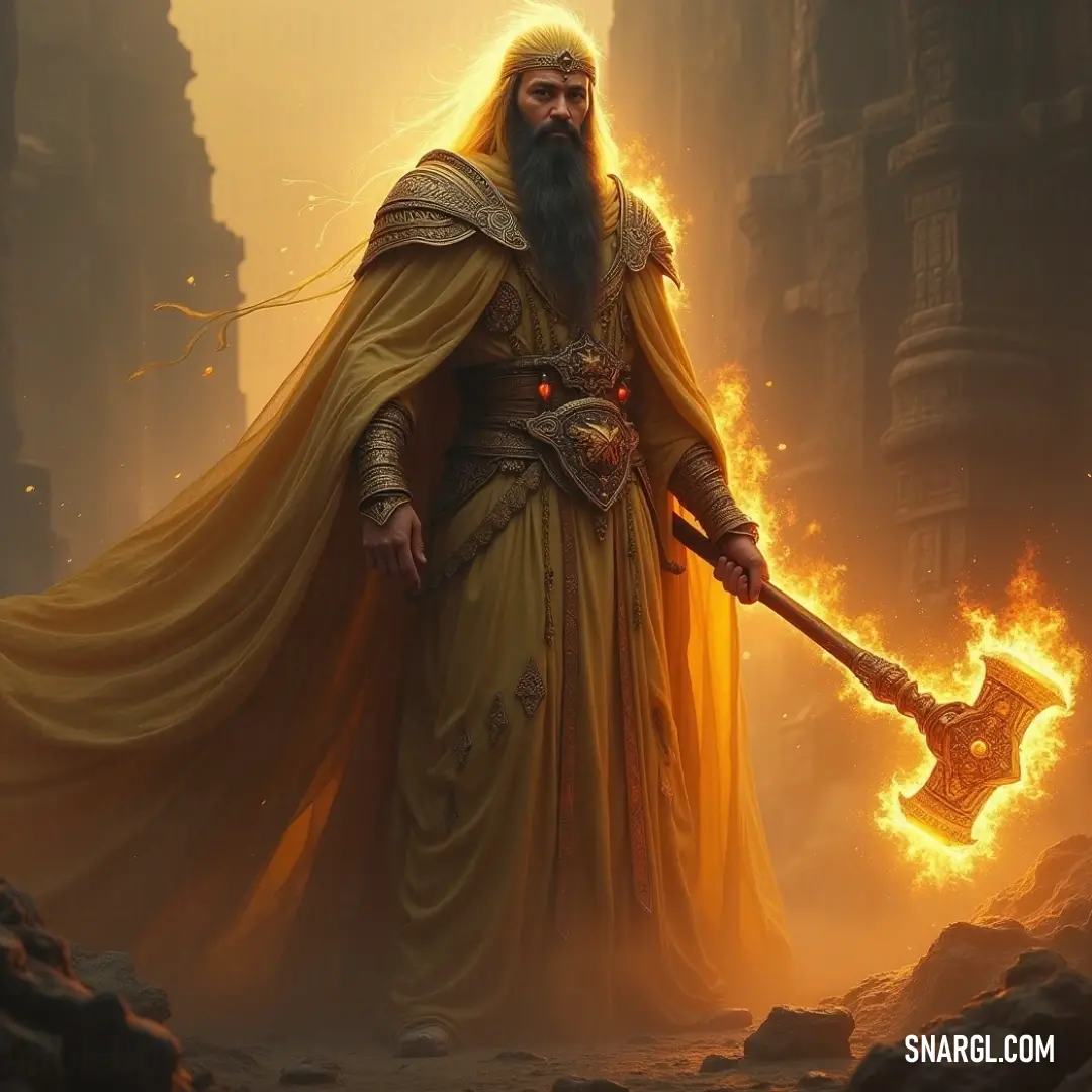 Clad in a striking yellow robe, an authoritative figure stands with a gleaming fire axe, embodying the spirit of a legendary warrior amid an ambiance charged with strength and courage. A majestic figure adorned in a flowing yellow robe and a long, regal beard wields a fiery axe, capturing the essence of power and leadership against a background of warmth and intensity.