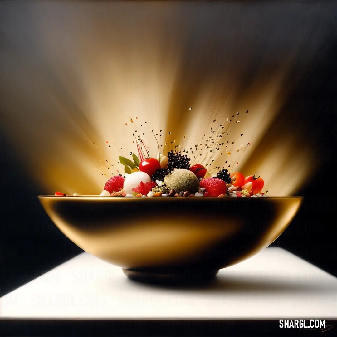 Bowl of food with a lot of toppings on top of it on a table top with a black background. Example of RGB 176,101,0 color.