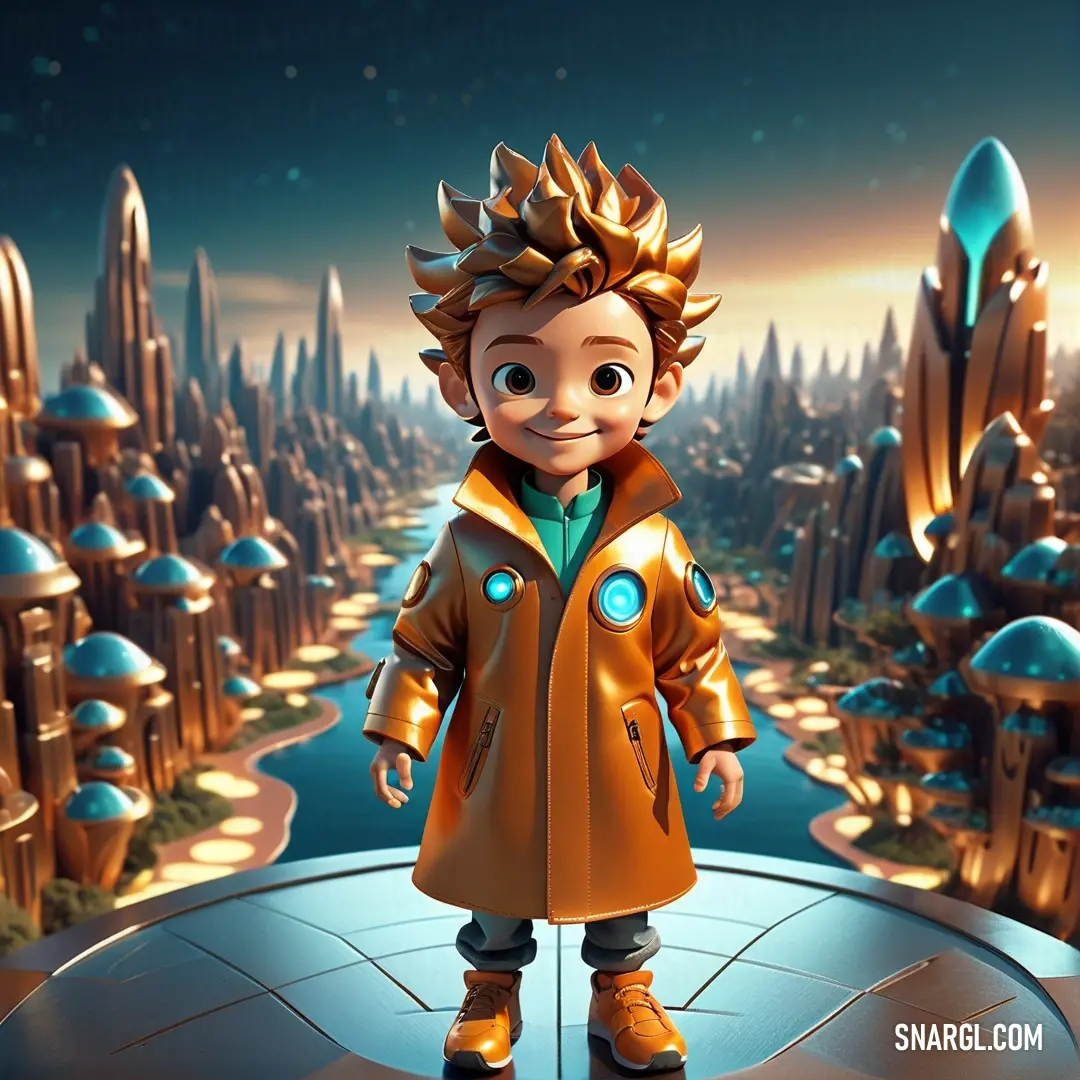Ginger color example: Cartoon character standing in front of a futuristic cityscape