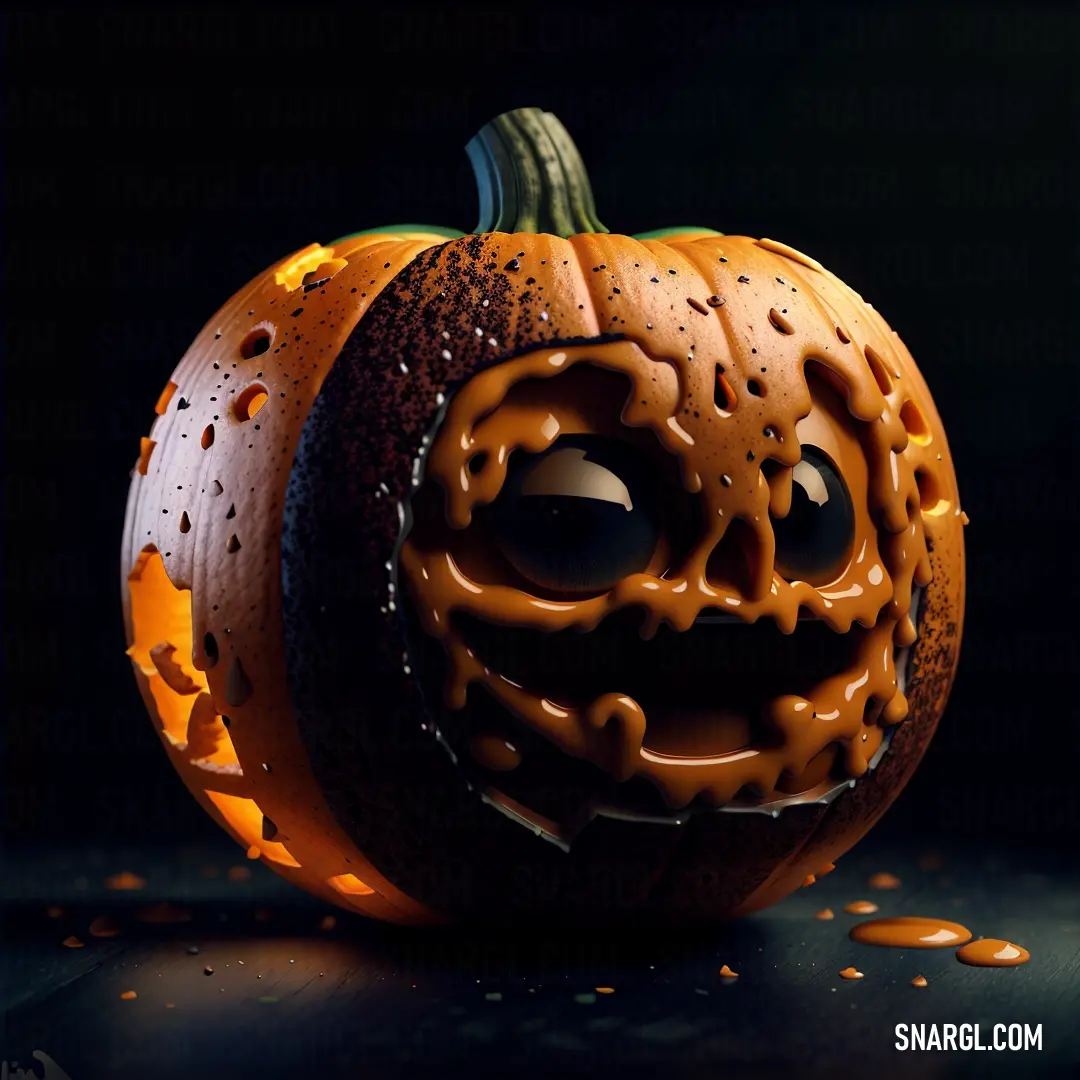 Carved pumpkin with a face on it's side and a black background with orange drops of water