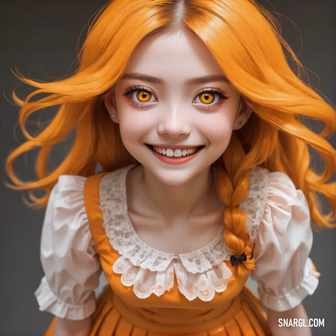 Doll with orange hair and a smile on her face and yellow eyes. Example of CMYK 0,43,100,31 color.