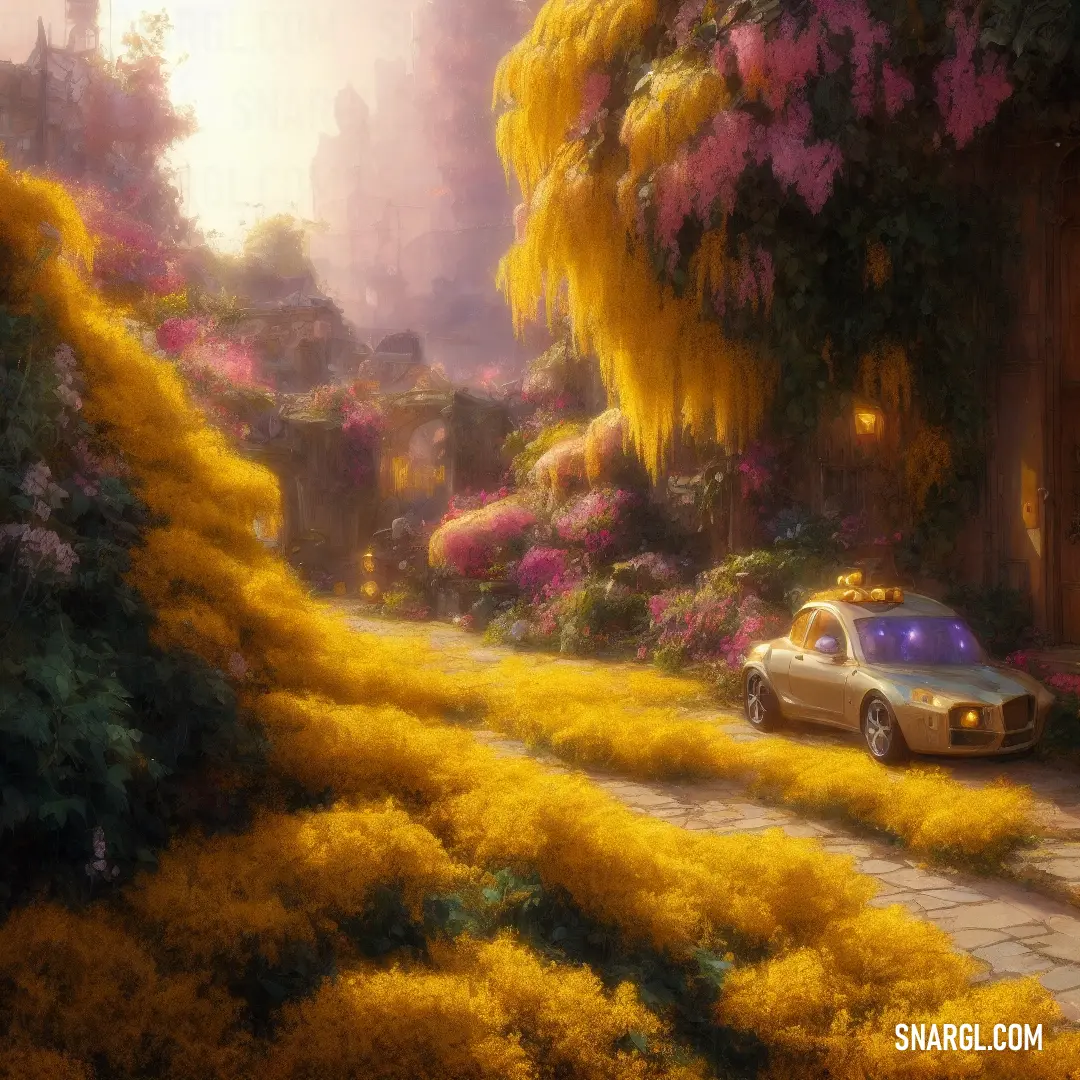 Ginger color example: Car parked on a road next to a lush green forest filled with flowers and trees