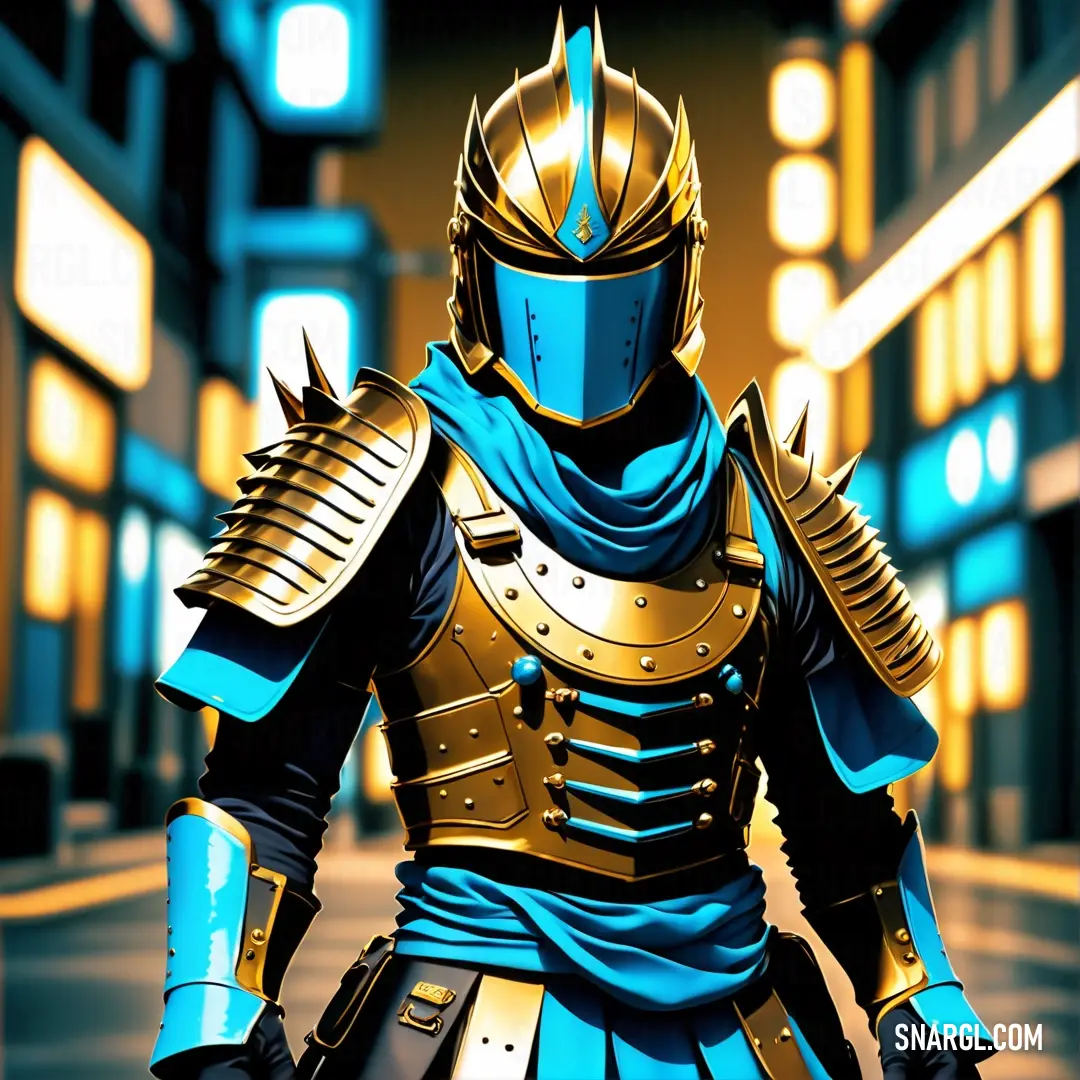 Man in a blue and gold armor standing in a street at night with a city background. Example of RGB 176,101,0 color.