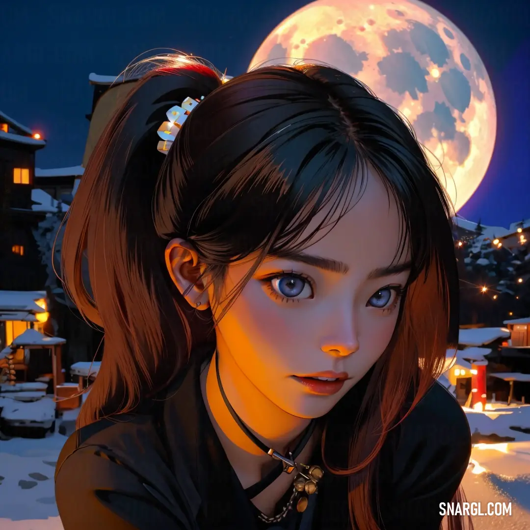 Girl with a ponytail and a black shirt and a full moon in the background with a building and snow