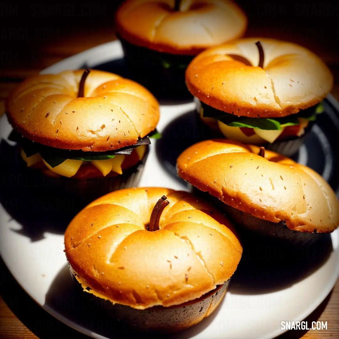 Plate with four hamburgers on it on a table top with a black and white plate underneath it. Color Ginger.