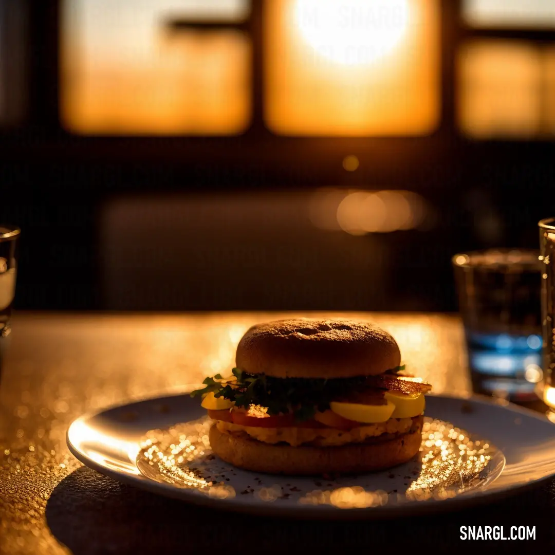 Sandwich on a plate with a glass of water in the background at sunset or dawn or dawn