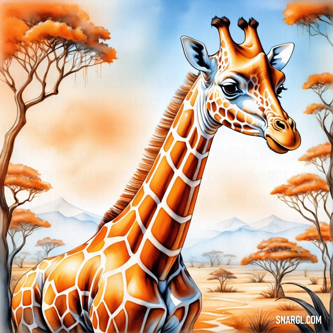 Giraffe standing in a field with trees in the background