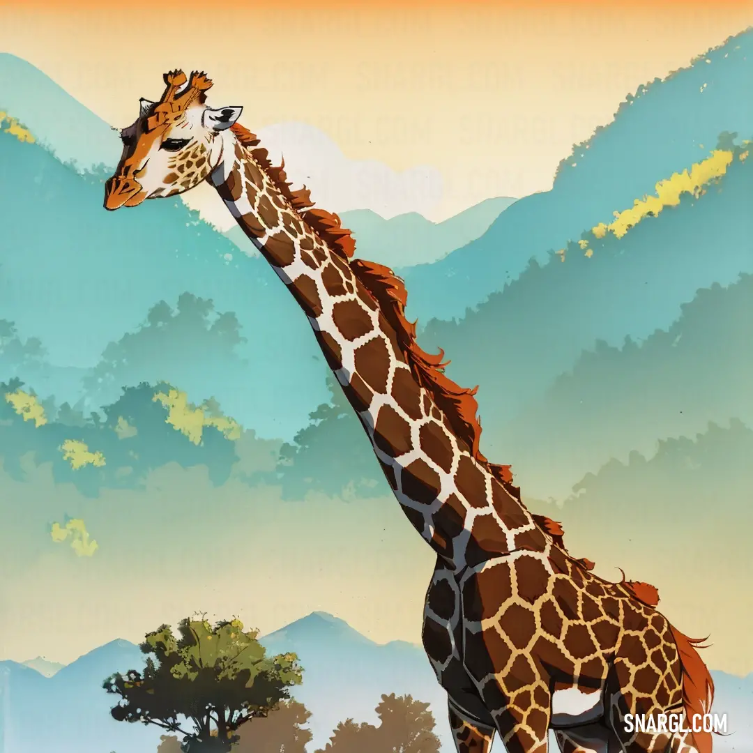 Giraffe standing in front of a mountain range with trees and bushes in the background
